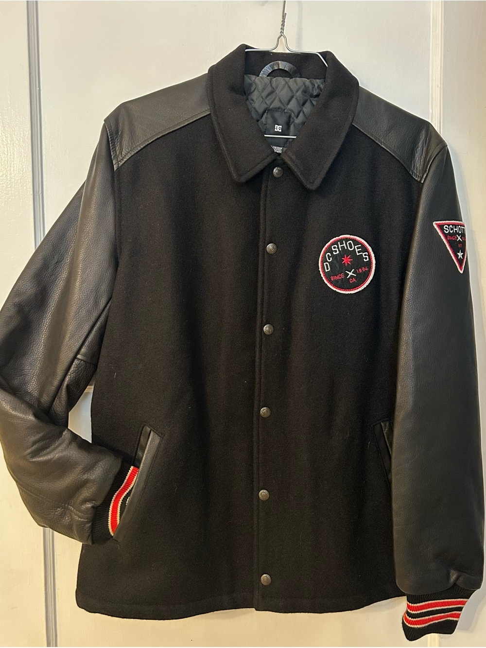 DC Black Wool & Leather Varsity Jacket with Red Trim